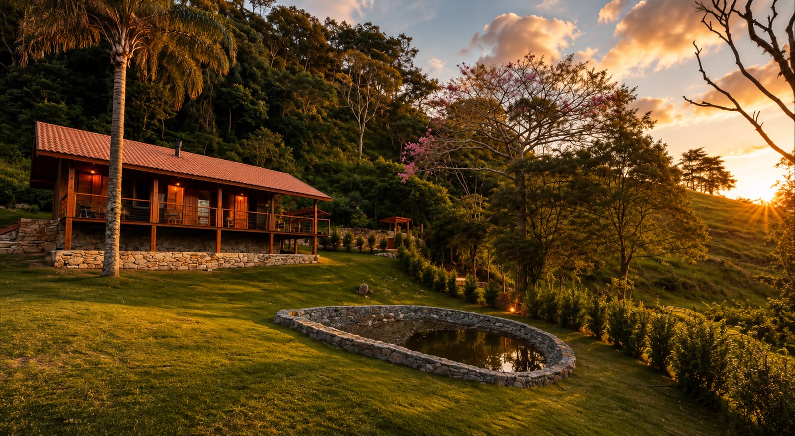 A mesma casa de campo com luz de fim de tarde e cores valorizadas após o PUMP